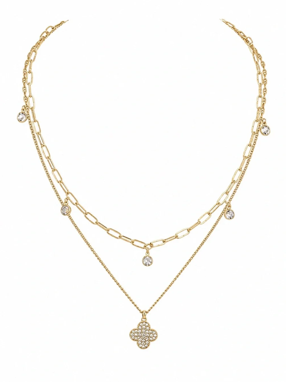 Guess Gold-Tone Layered Clover & CZ Station Necklace